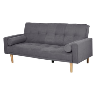 Canapé convertible 3 places design scandinave dossier inclinable 3 positions pieds bois tissu lin gris