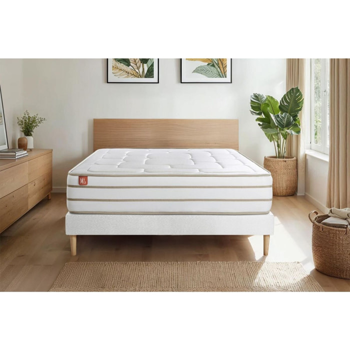Pack Matelas Le Douillet - 26cm - Mémoire de forme - Matériaux éco-responsable - Sommier kit Blanc - Avec couette et oreillers