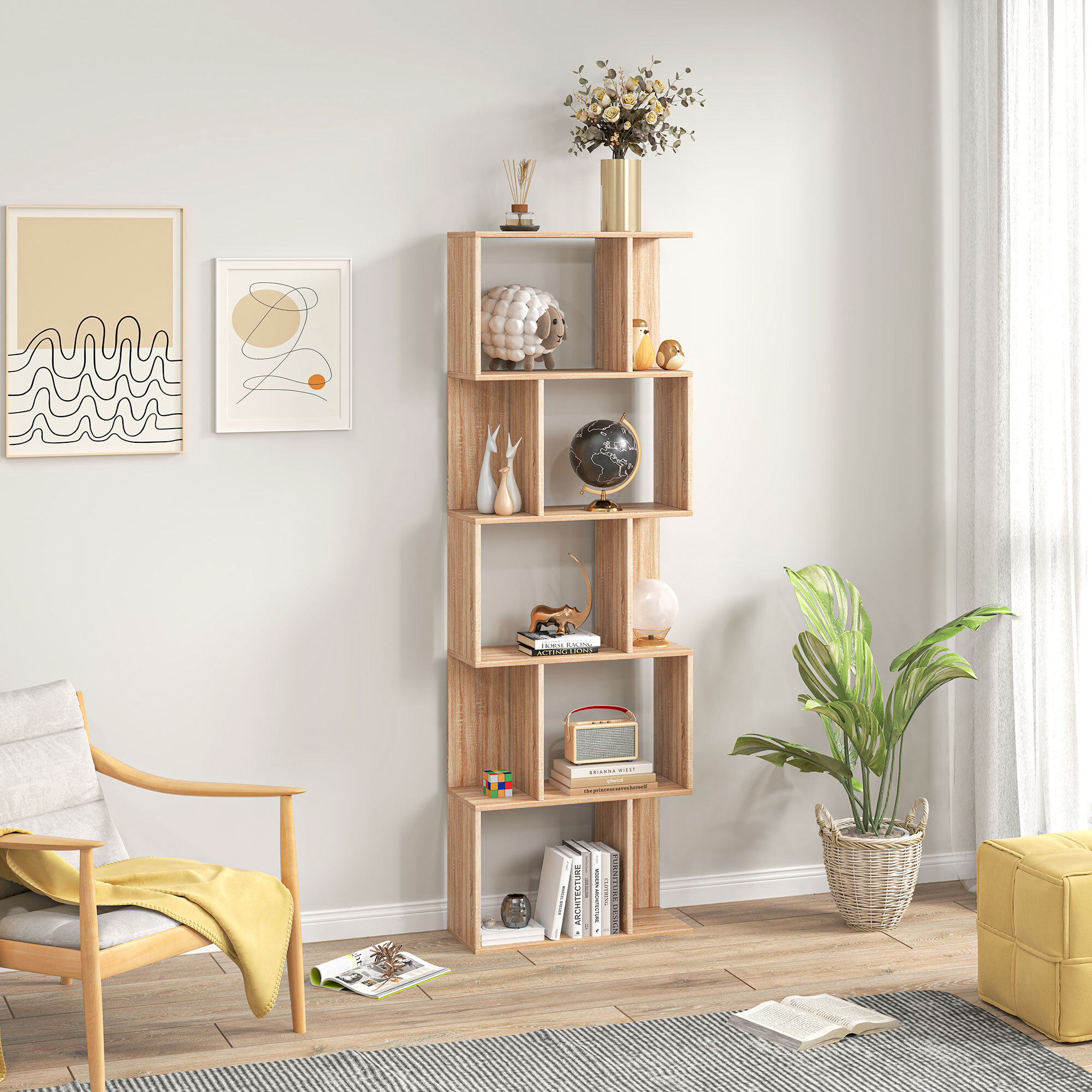 Librería de 5 Niveles, Estantería para Libros en Forma de S con 10 Estantes, para Sala de Estar, Dormitorio, Estudio, Oficina, 60x24x184,5 cm, Natural