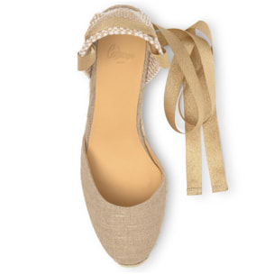 Alpargata Carina cuña de yute en lino metalizado acolchado con cintas