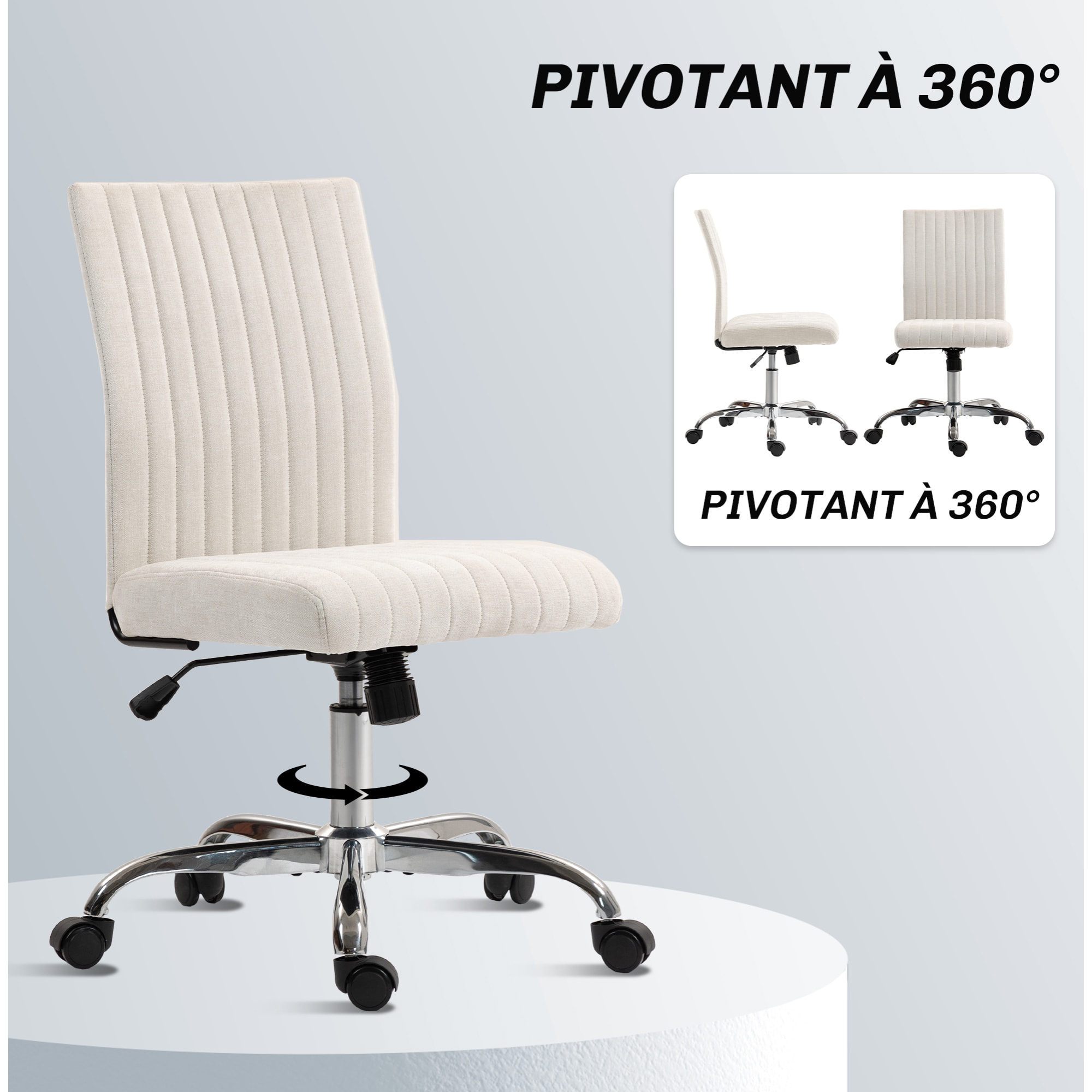 Chaise de bureau design sans accoudoirs surpiqûres verticales tissu blanc cassé