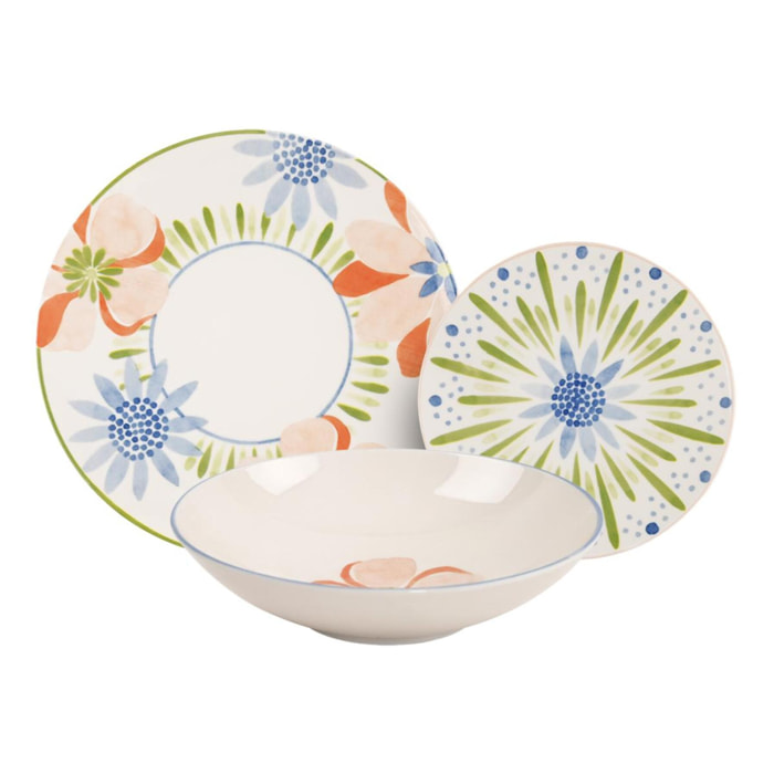 Service 18 pièces rose vert en porcelaine - "Aube de Pivoine"