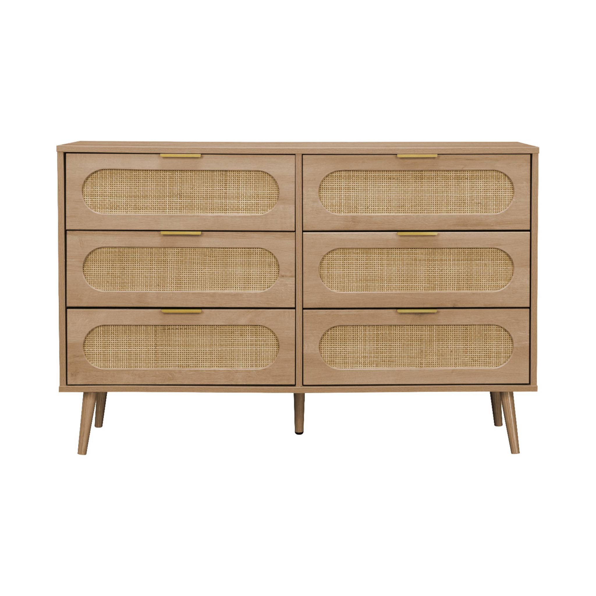 Commode. Eva. 6 tiroirs. décor bois. cannage arrondi L 120 x l 39 x H 79cm
