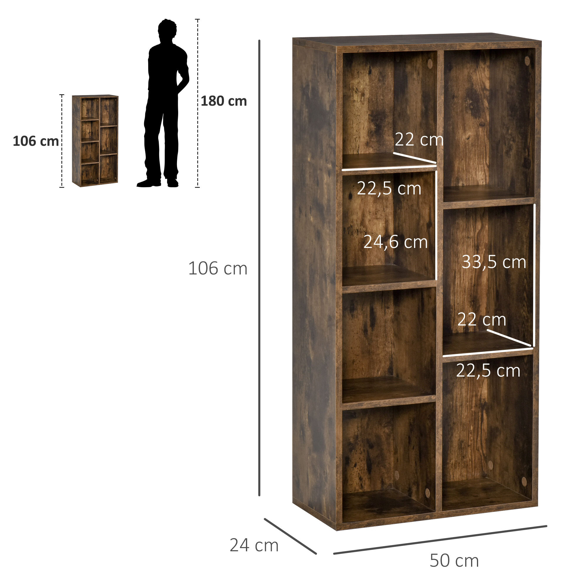 Estantería para Libros Librería de Madera con 7 Compartimentos de Almacenaje Plantas Archivos para Sala de Estar Dormitorio Oficina 50x24x106 cm Marrón Rústico