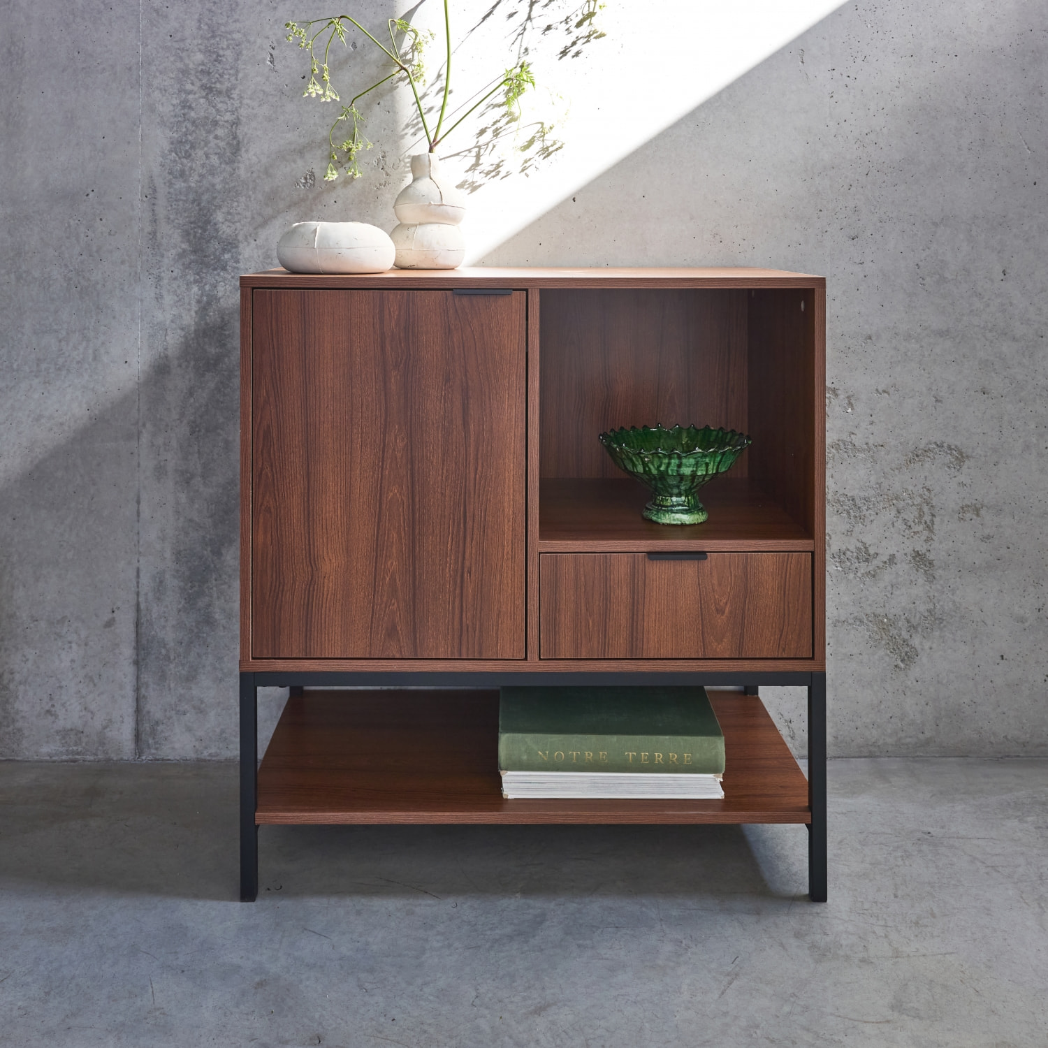 Buffet décor bois de noyer 1 porte 80cm WALNUT