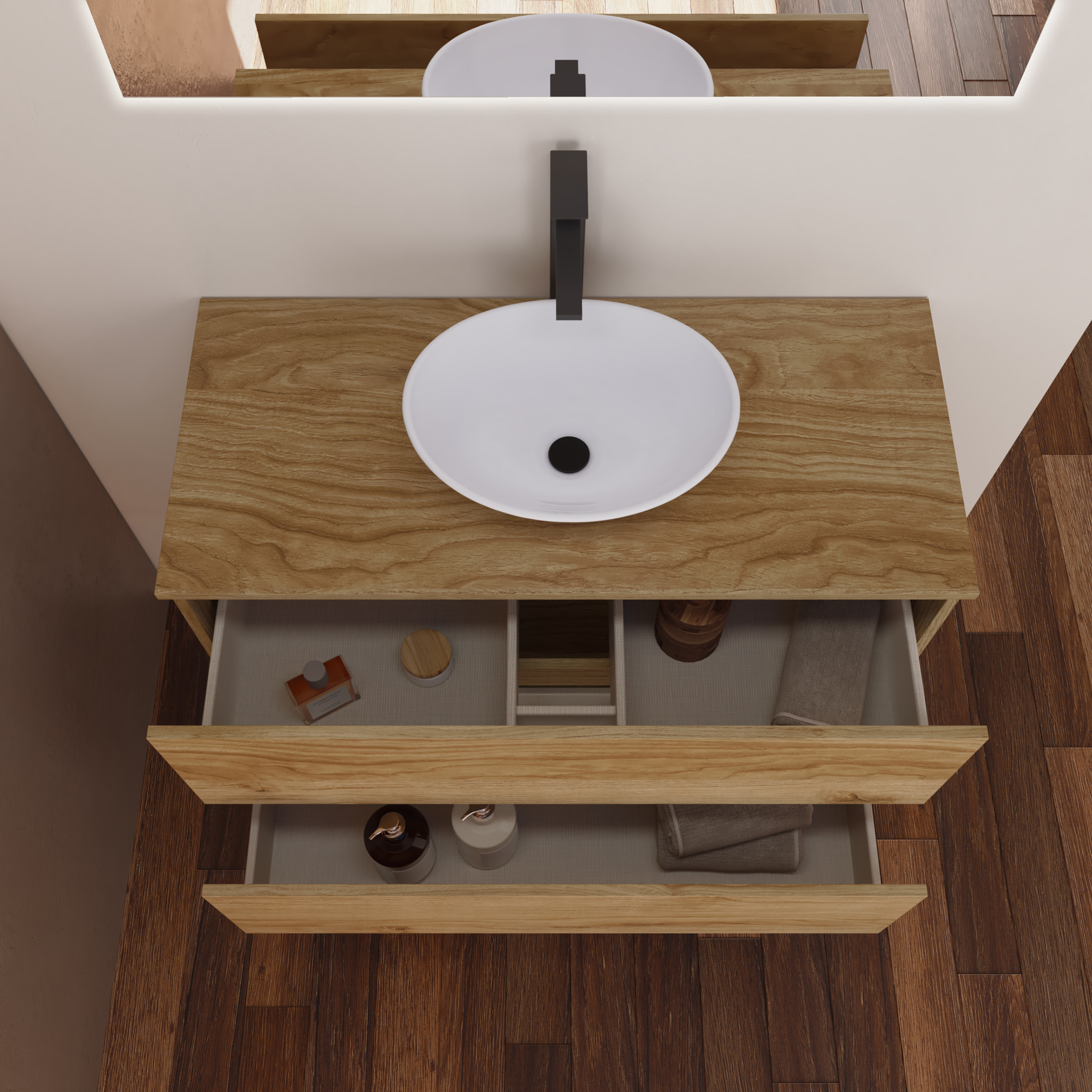 Conjunto de Baño Kaji | Mueble de Baño Suspendido | 100 cm Teka| Dos Cajones | Lavabo Redondo sobre Encimera | No incluye Espejo | Alday