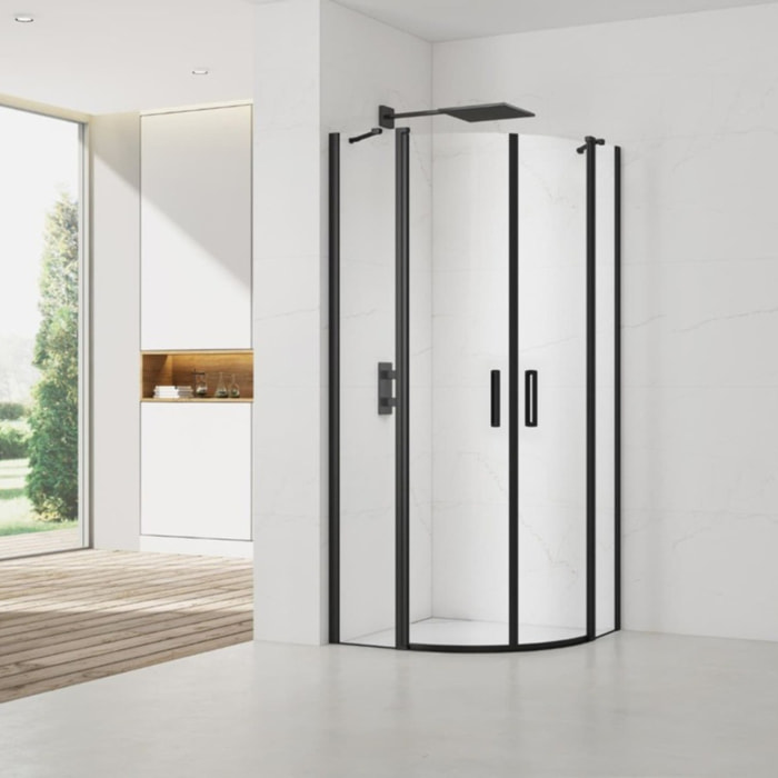 Set Porte de douche 90x195 cm transparente noir + 2x Poignée pour porte de douche, Noir (SATFUSP90CT-SET)