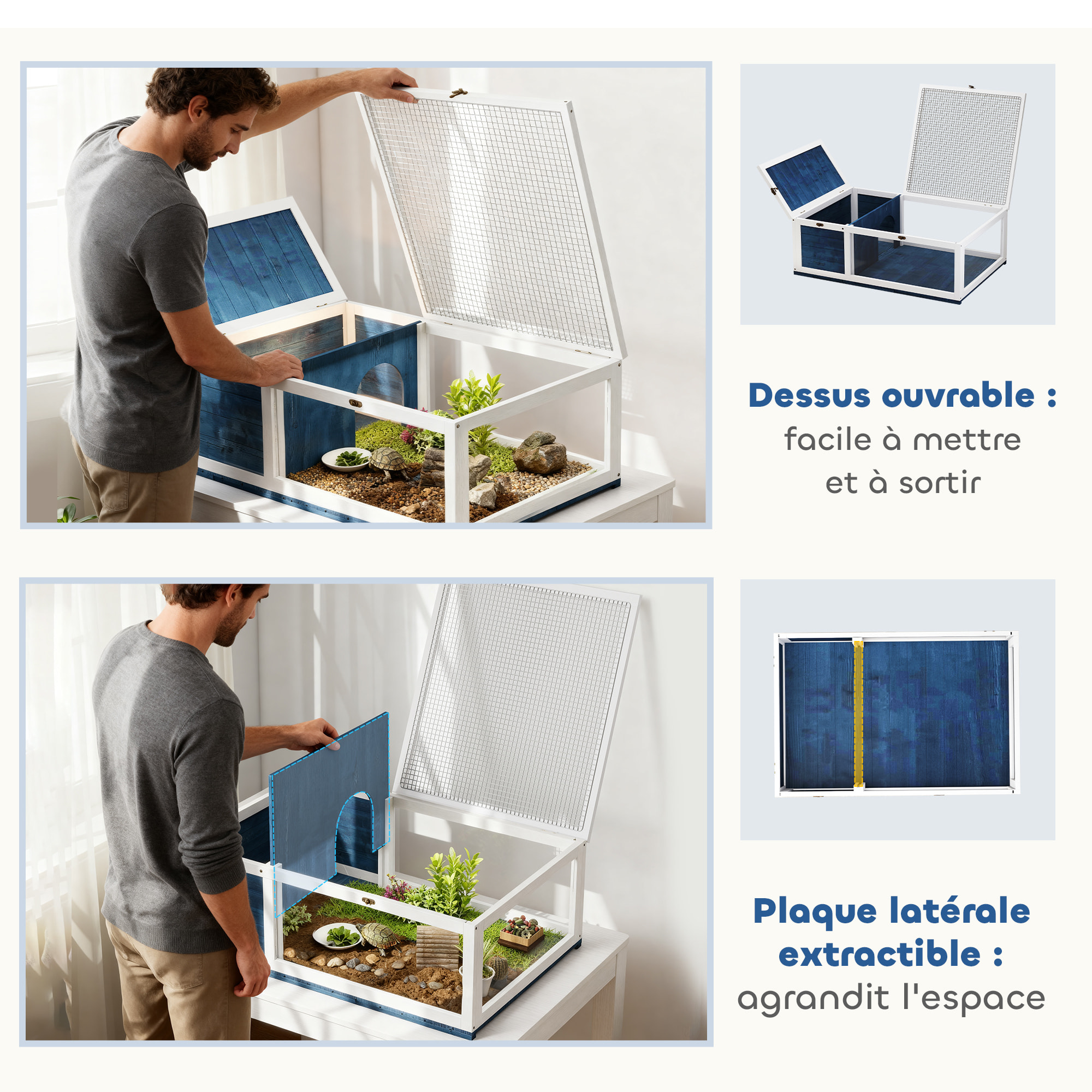 Enclos pour tortue - parc pour tortue - niche, enclos extérieur, toits ouvrants verrouillables - plexiglas métal sapin bleu
