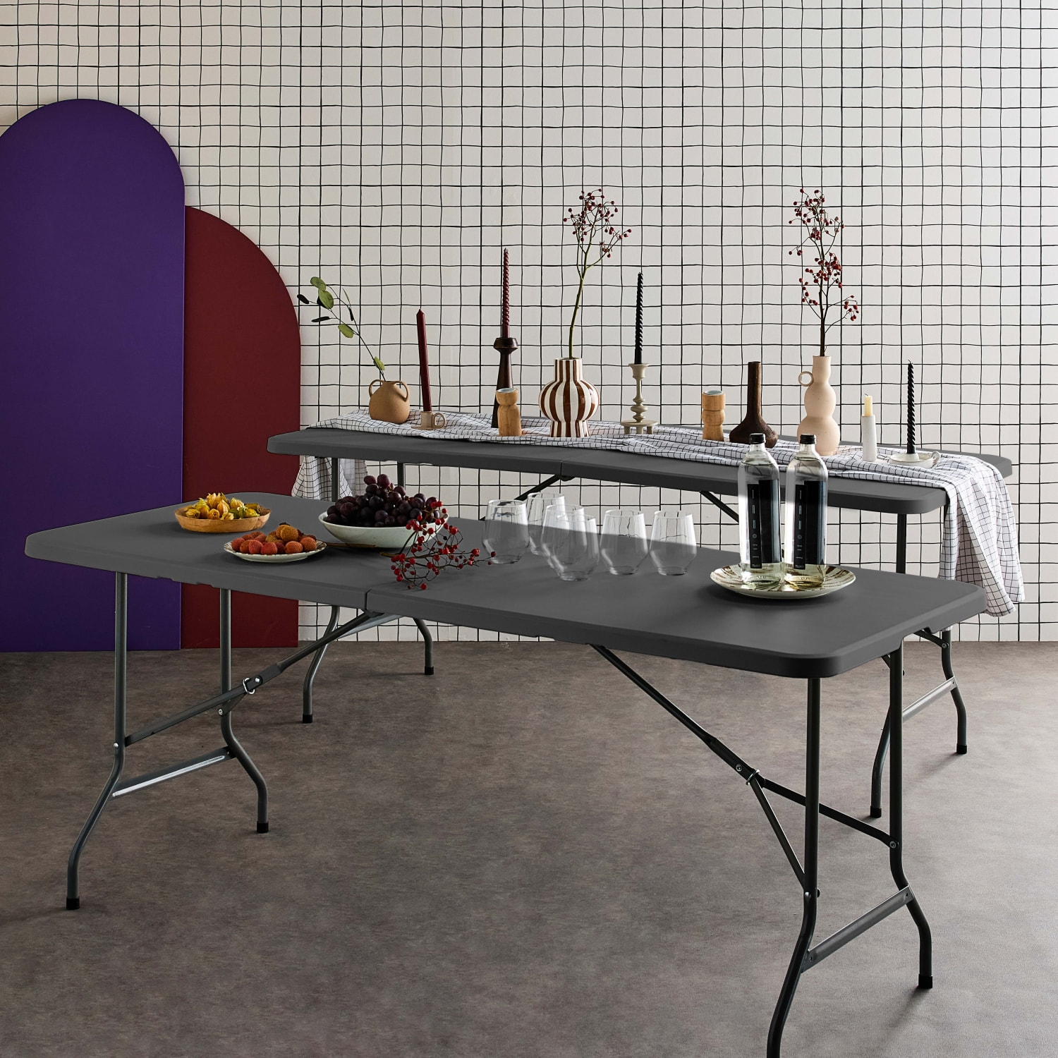 Lot de 2 tables de réception. pliables 180cm. grise foncé. table pliante avec poignée de transport. table de camping
