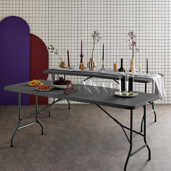 Lot de 2 tables de réception. pliables 180cm. grise foncé. table pliante avec poignée de transport. table de camping