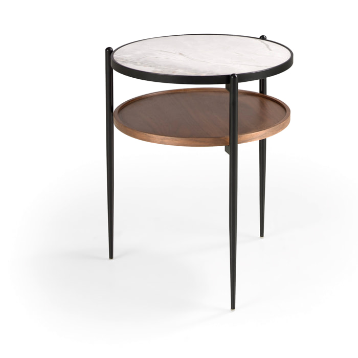 Mesita auxiliar – Nogal, mármol blanco y metal negro
