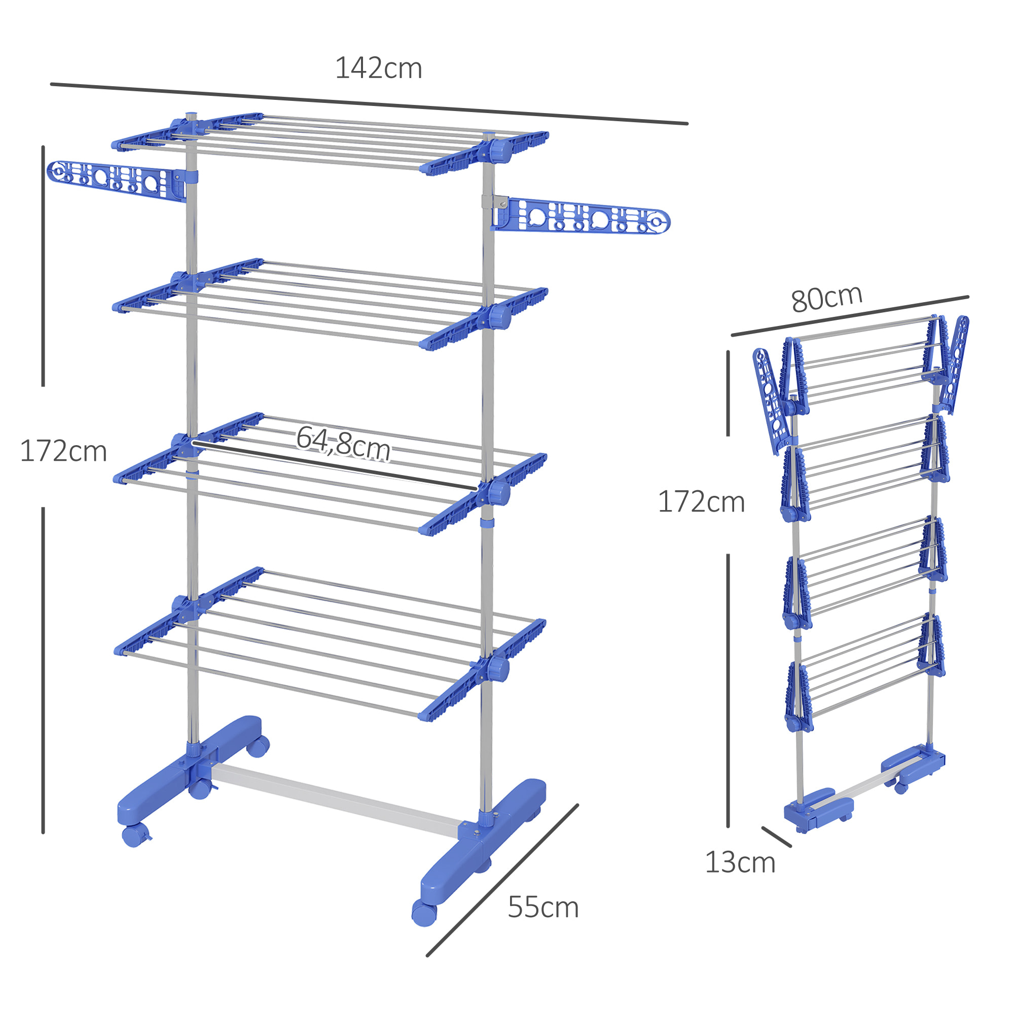 Tendedero Vertical Plegable Tendedero de Ropa con 6 Ruedas 2 Laterales Abatibles Estantes Ajustables y Marco de Acero Inoxidable para Interior y Exterior Azul