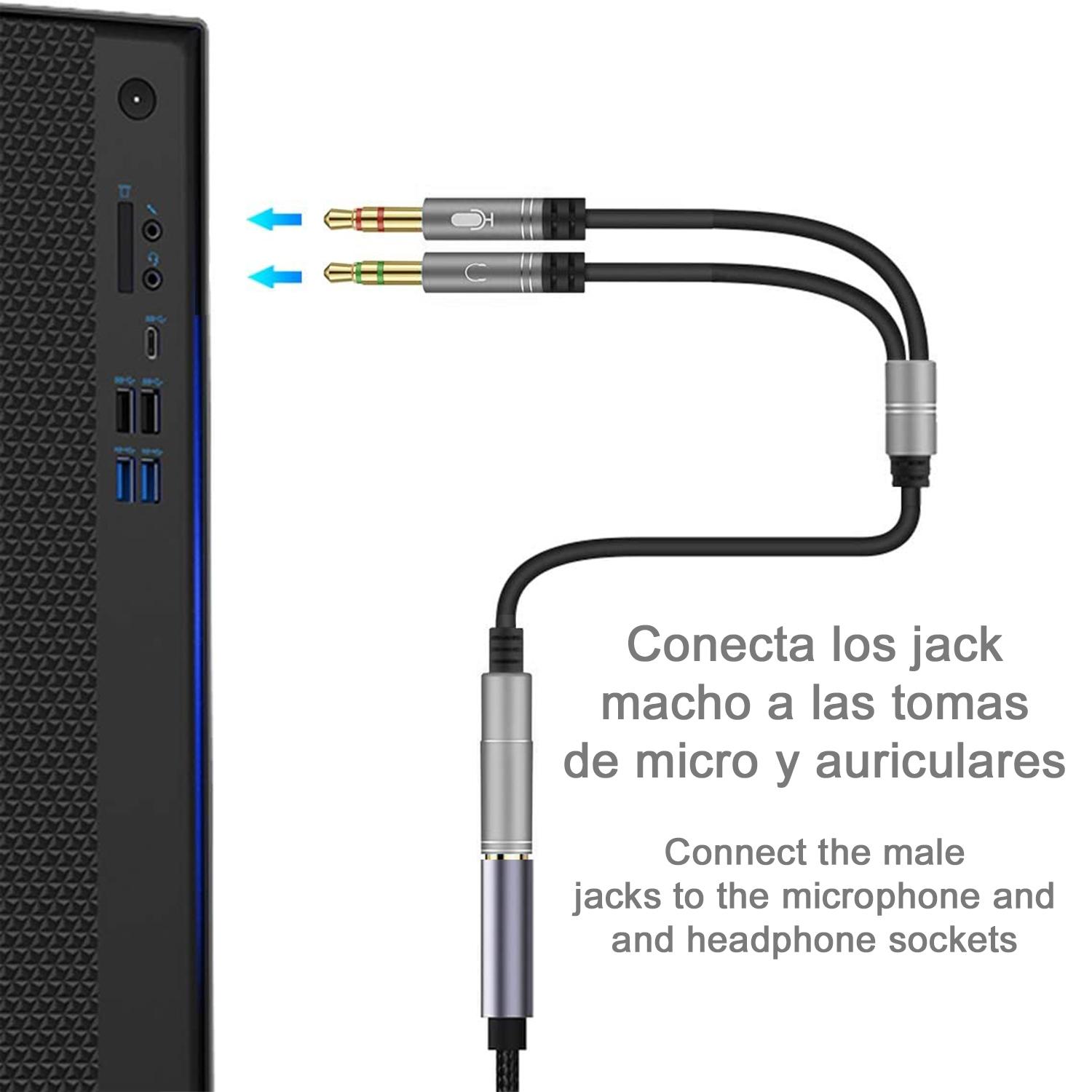 Convertitore splitter da minijack (femmina) a doppio minijack maschio (microfono e altoparlante). Usa le cuffie con microfono integrato e un semplice minijack sul tuo PC.