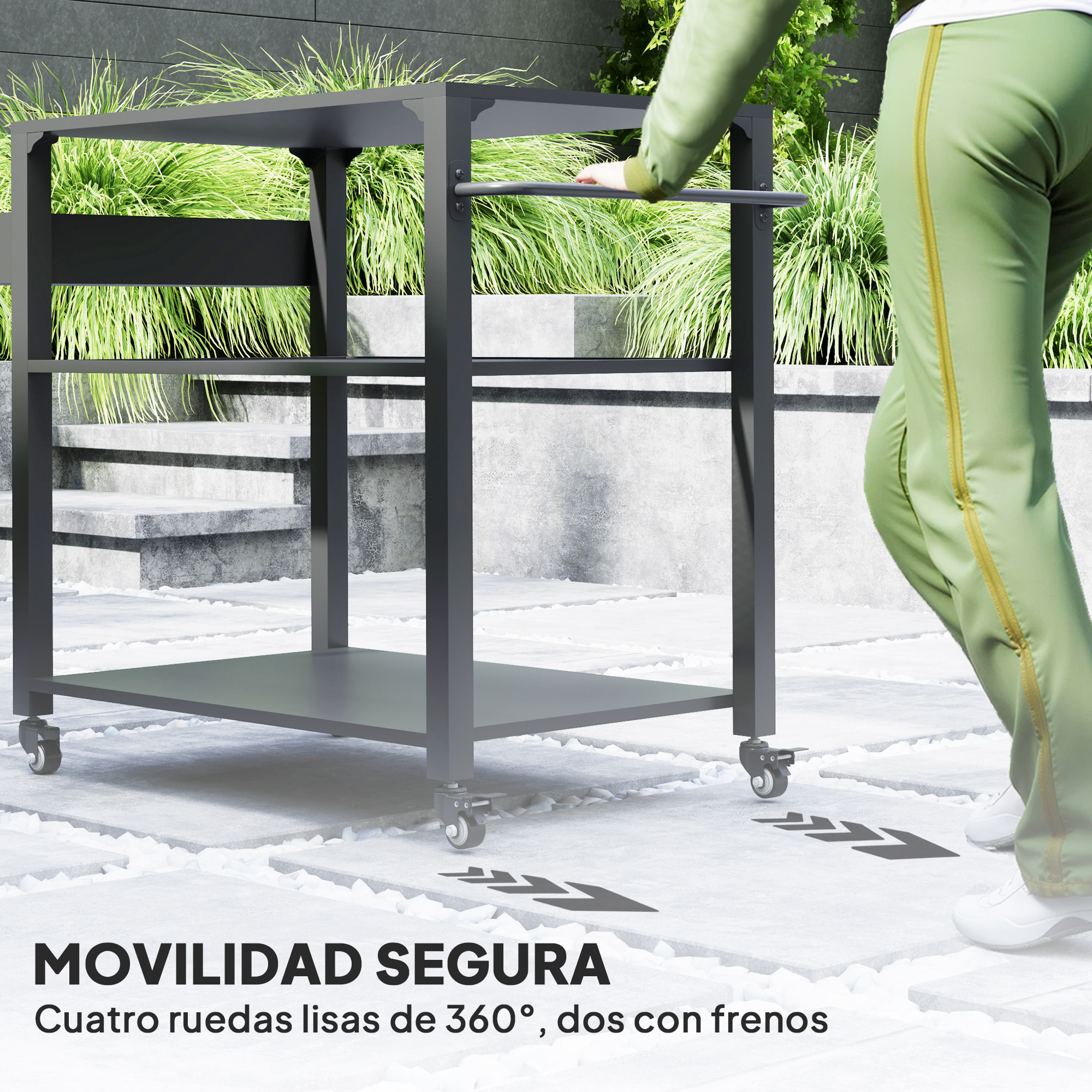 Carrito de Parrilla de 3 Niveles Carrito de Barbacoa Carrito de Servicio con 4 Ruedas Estantes y Asa Mesa de Horno de Pizza para Jardín Patio Negro