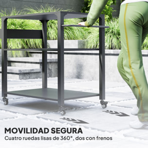 Carrito de Parrilla de 3 Niveles Carrito de Barbacoa Carrito de Servicio con 4 Ruedas Estantes y Asa Mesa de Horno de Pizza para Jardín Patio Negro