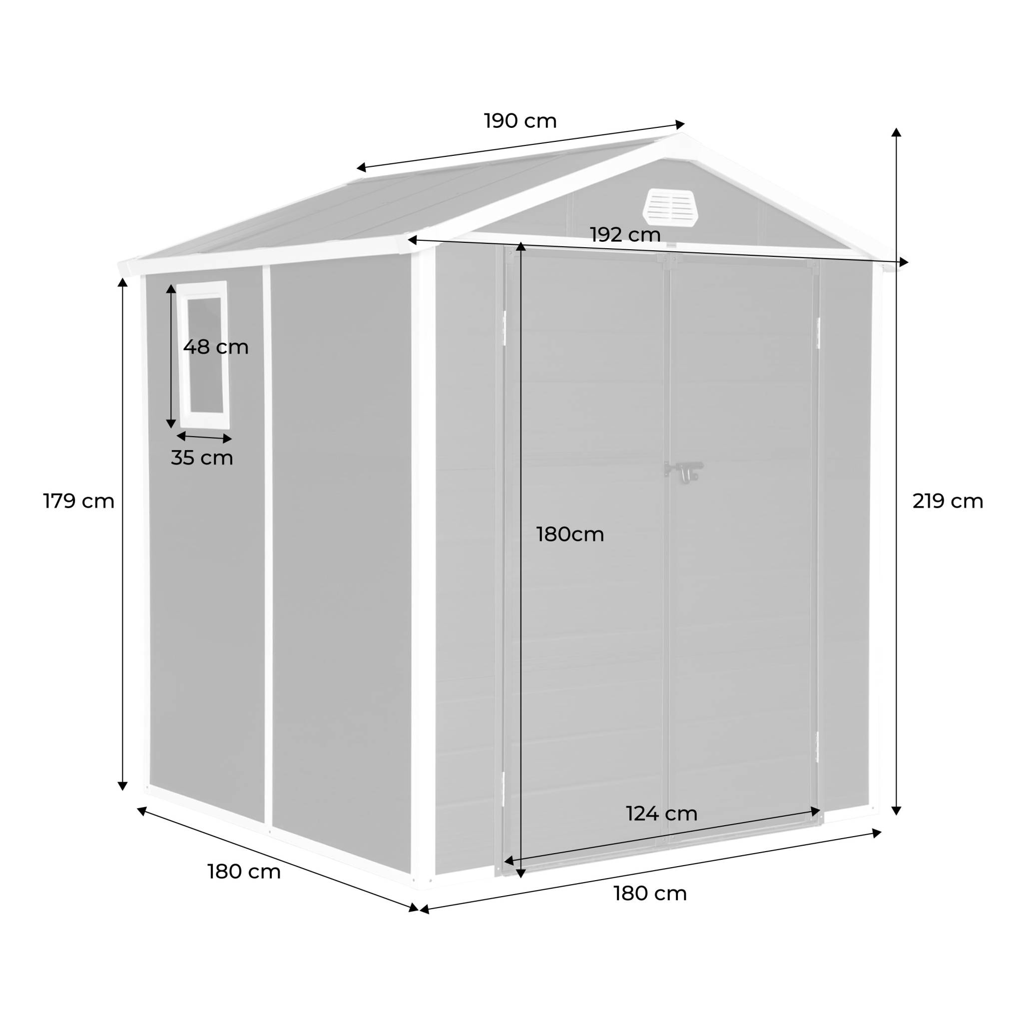 Abri de jardin plastique 3.65 m². anthracite. acier et aluminium. toiture en double pente et grande porte d'entée. 192 x 190 x 219cm