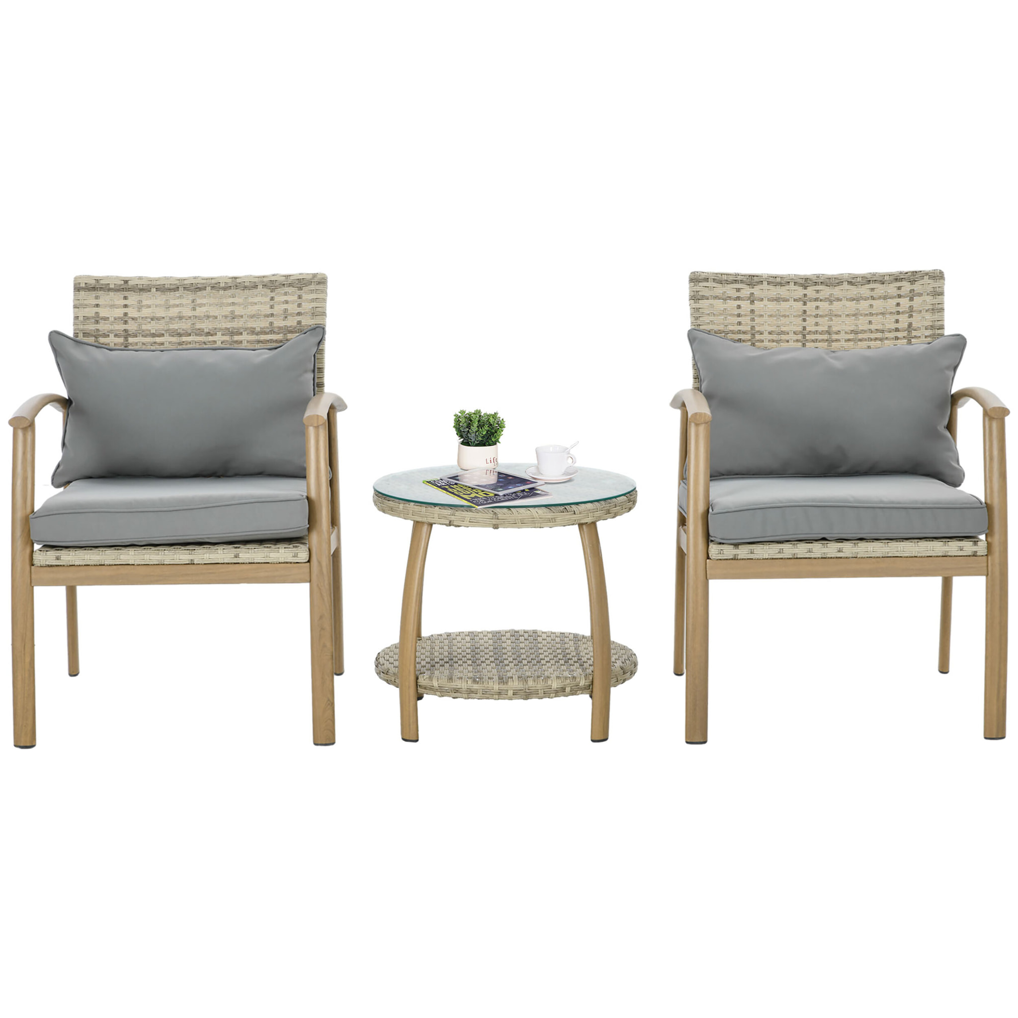 Conjunto de Mesa y Sillas de Jardín para Exterior Juego de 3 Piezas Sillas y Mesa de Ratán con Marco de Aluminio Incluye 2 Sillas 1 Mesa de Vidrio Templado y Cojines Natural y Marrón
