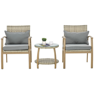 Conjunto de Mesa y Sillas de Jardín para Exterior Juego de 3 Piezas Sillas y Mesa de Ratán con Marco de Aluminio Incluye 2 Sillas 1 Mesa de Vidrio Templado y Cojines Natural y Marrón