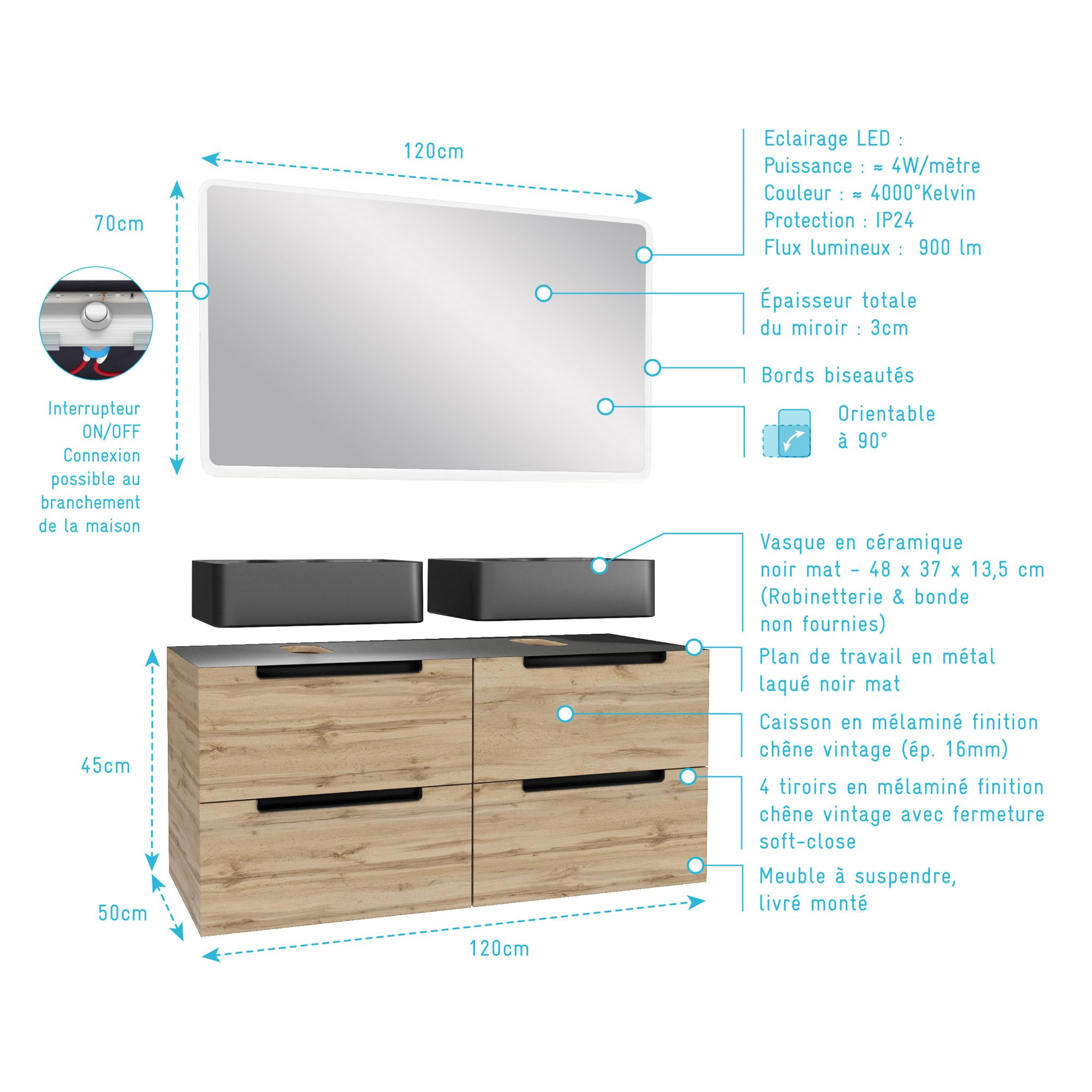 Meuble salle de bains 120cm Chêne et noir, Vasques rectangulaires et Miroir Led 120x70 - OMEGA