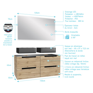 Meuble salle de bains 120cm Chêne et noir, Vasques rectangulaires et Miroir Led 120x70 - OMEGA