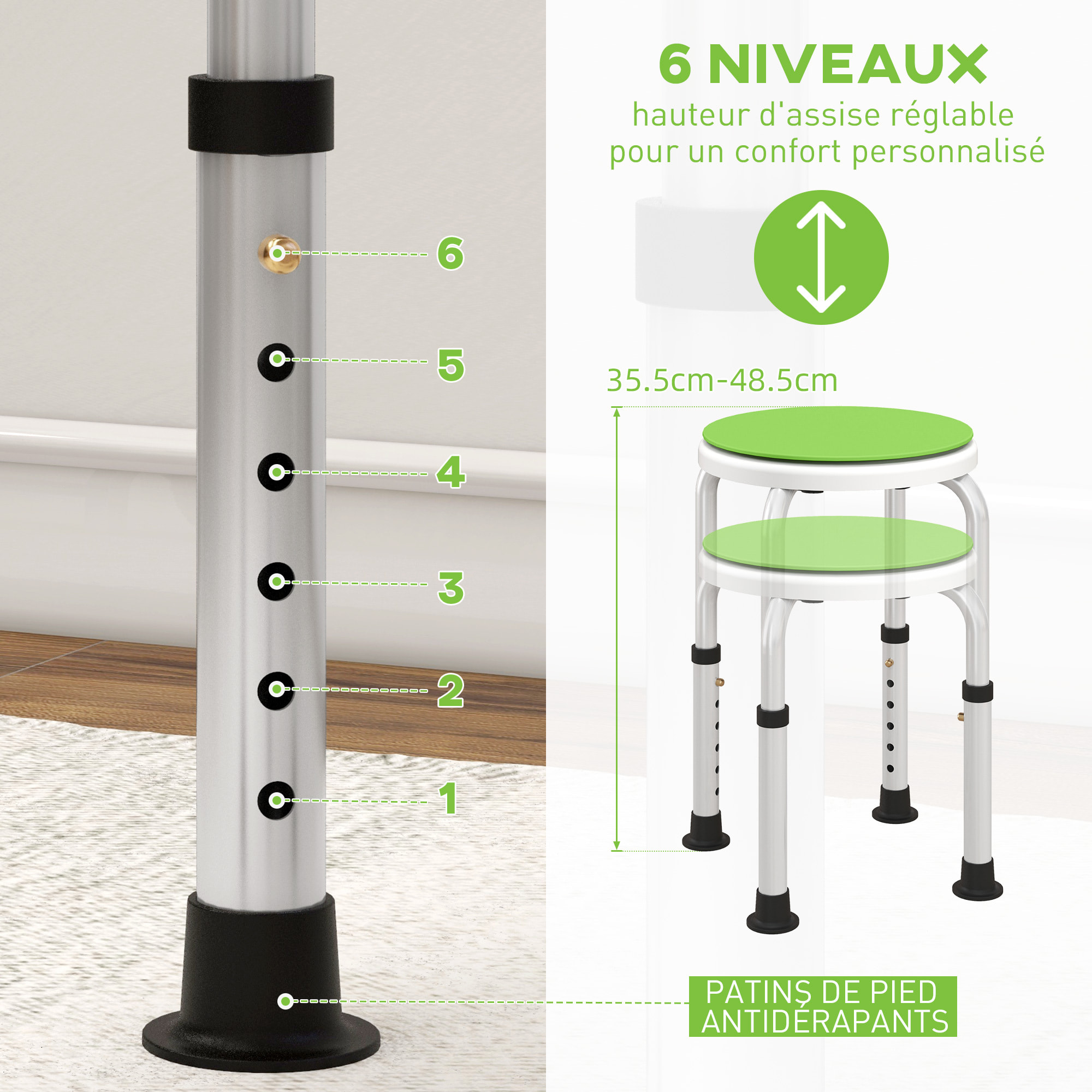 Tabouret de douche siège de douche - hauteur réglable, pivotant 360° - alu PP blanc vert
