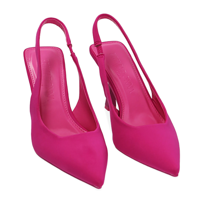 Zapato de tacón destalonado fucsia de tejido, tacón de 8,5 cm