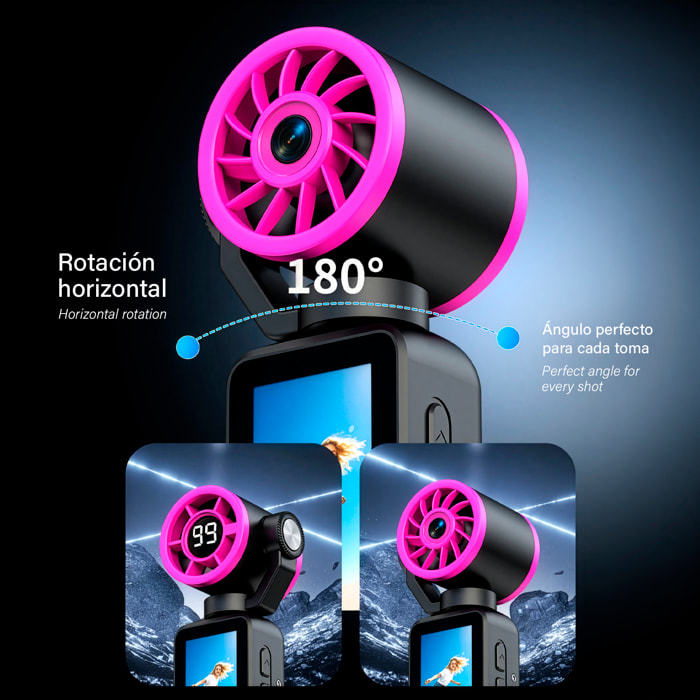 Cámara deportiva LK-035 de 48MPX con giro 180° y ventilador incorporado. Pantalla HD 1,97” ideal para fotos y vídeo FHD, con grabación en ciclo. Incluye lanyard para muñeca.