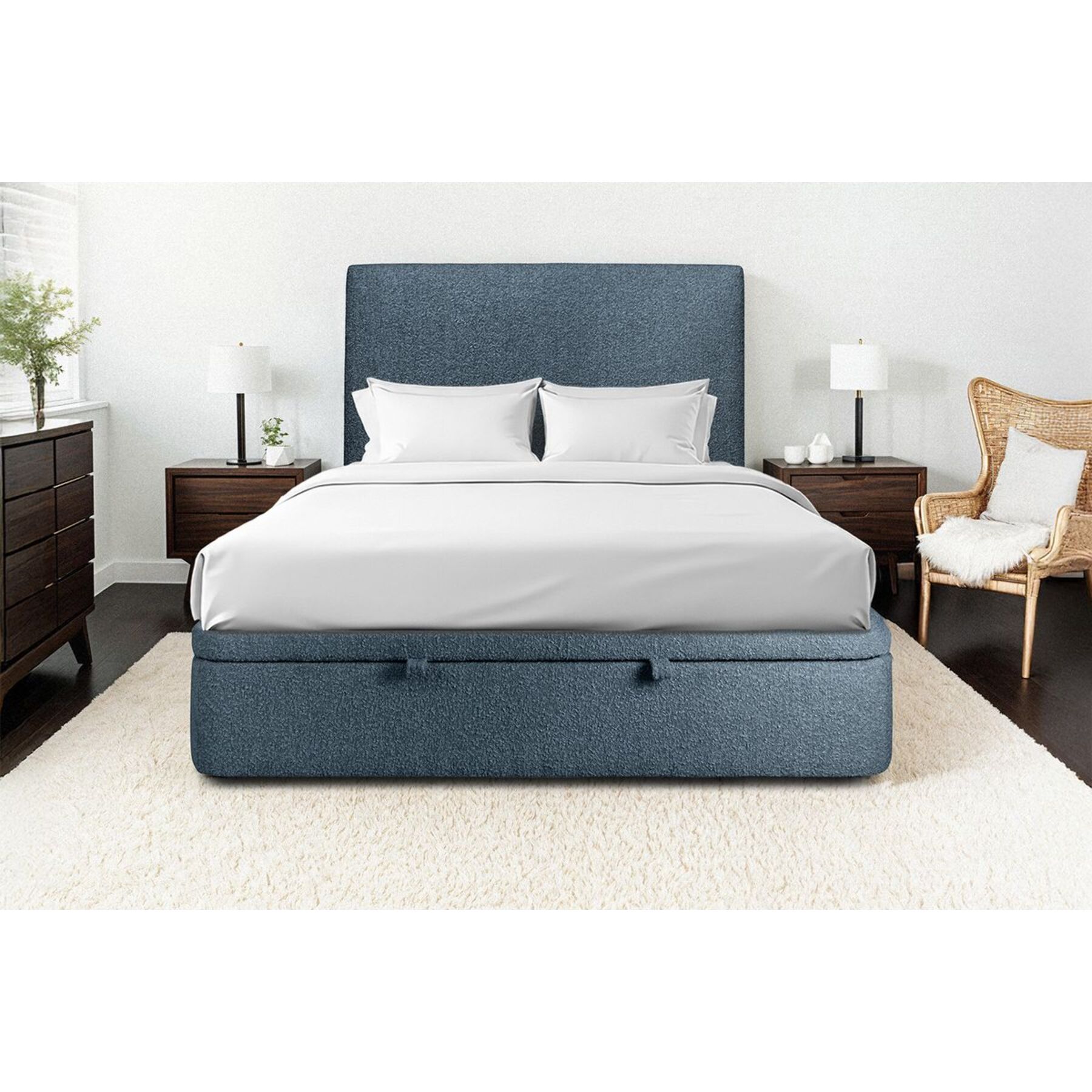 Lit avec sommier et tête de lit lisse - Tissu bouclette au style épuré - Adapté à tous les matelas, montage rapide - Grand Rangement