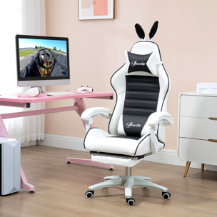 Chaise gaming fauteuil gamer inclinable réglable repose-pied rétractable oreilles de lapin amovibles noir blanc
