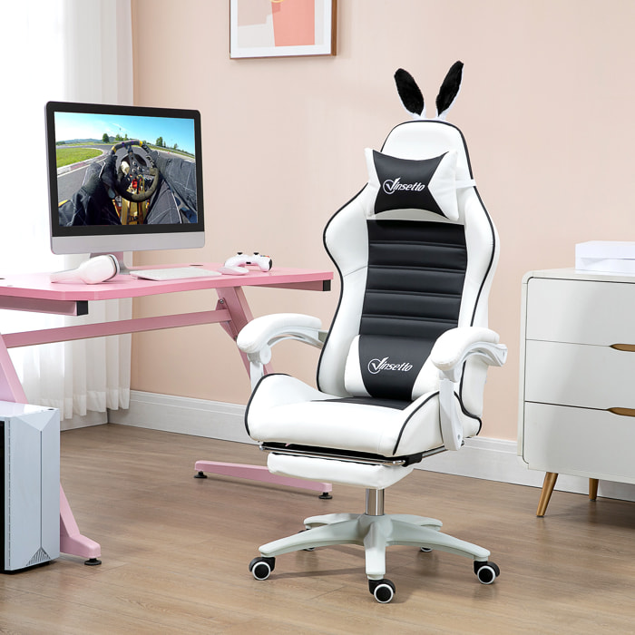 Chaise gaming fauteuil gamer inclinable réglable repose-pied rétractable oreilles de lapin amovibles noir blanc