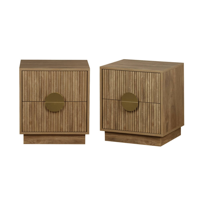 Lot de 2 tables de chevet 2 tiroirs effet bois de manguier rainuré. poignées en métal doré. L42 x P38 x H50cm