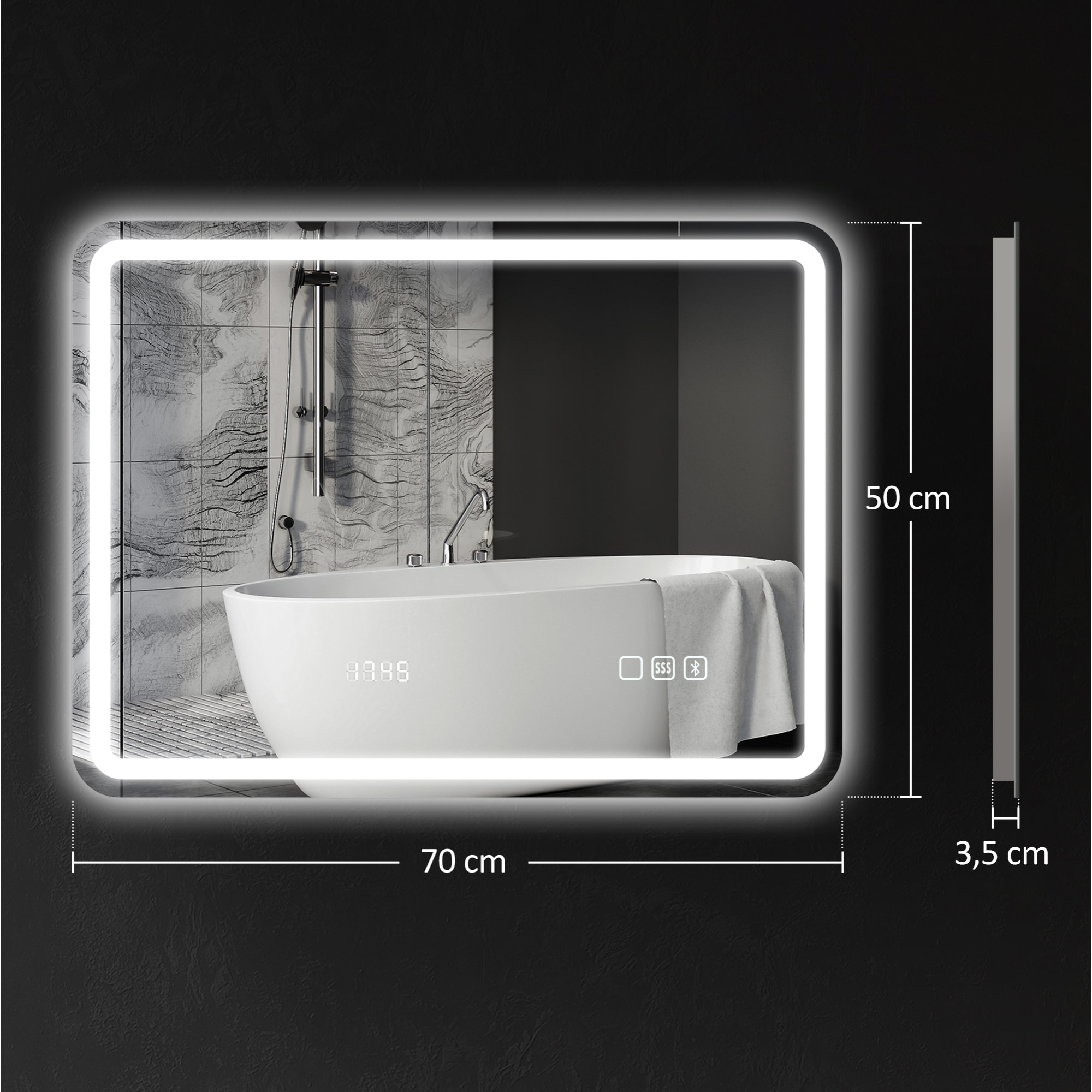 Miroir lumineux LED salle de bain Bluetooth 50x70cm - horloge numérique, antibuée, tactile, réglable - verre trempé 4 mm
