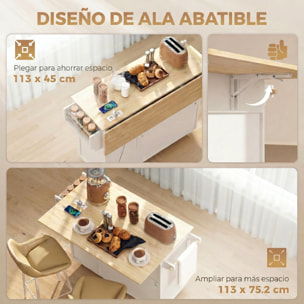 Isla de Cocina con Encimera Extensible y Estación de Carga, Carro de Cocina con Ruedas, 2 Puertas, 3 Cajones, Estantes Ajustables, Especiero y Toallero, Blanco
