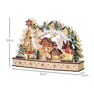 Village de Noël lumineux animé en bois - 20 LED - dim. 45L x 12l x 30H cm