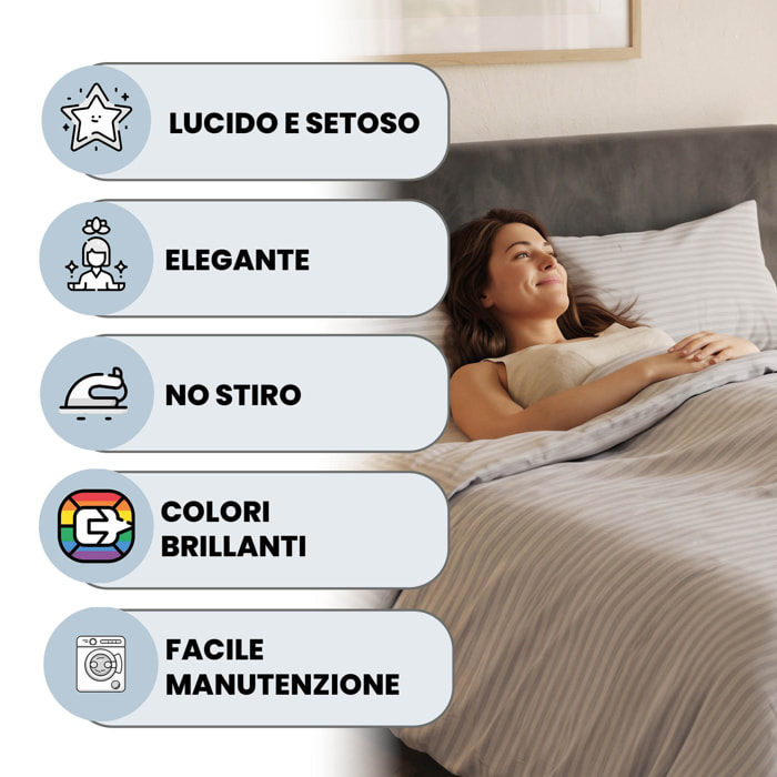 PARURE COPRIPIUMINO SATIN STRIPES, 100% Raso di Poliestere, Made in Italy, No Stiro - BIANCO
