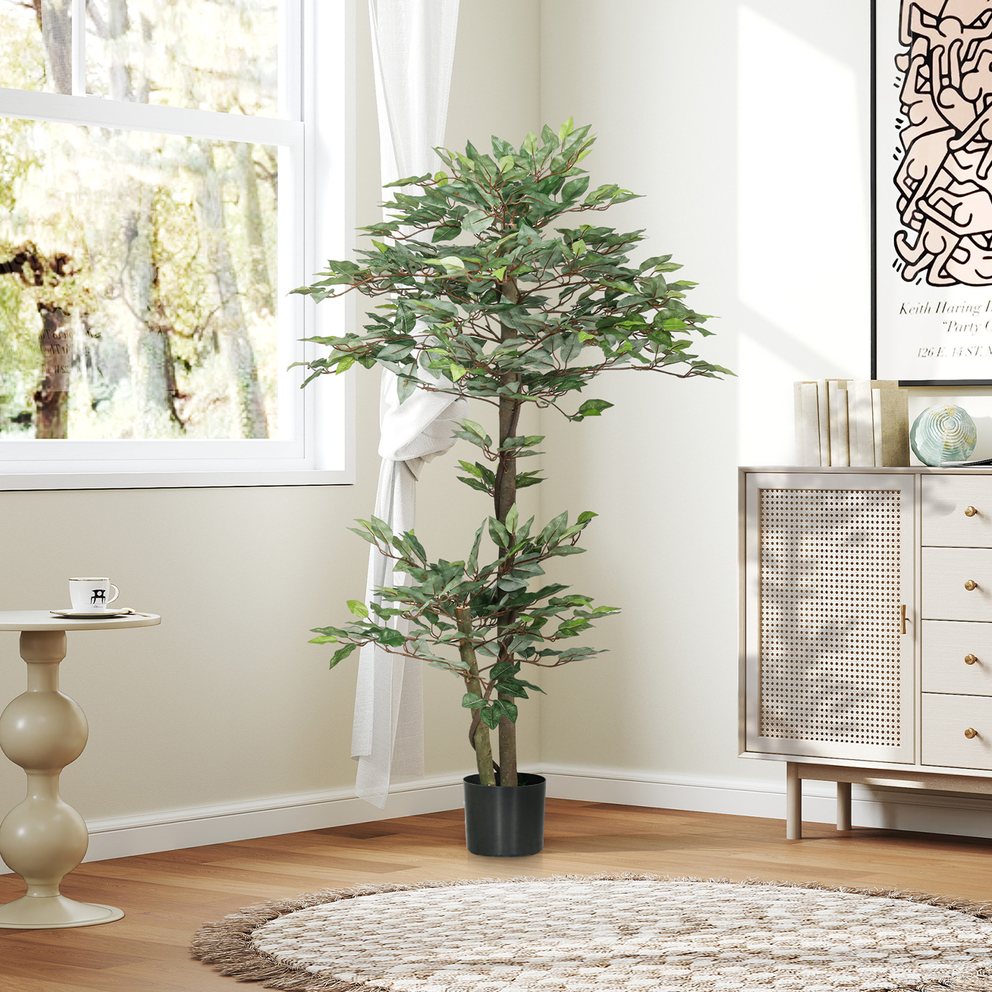 Ficus Artificial 150 cm Árbol Artificial en Maceta Decorativa para Interior Hogar Salón Oficina Ø15x150 cm Verde