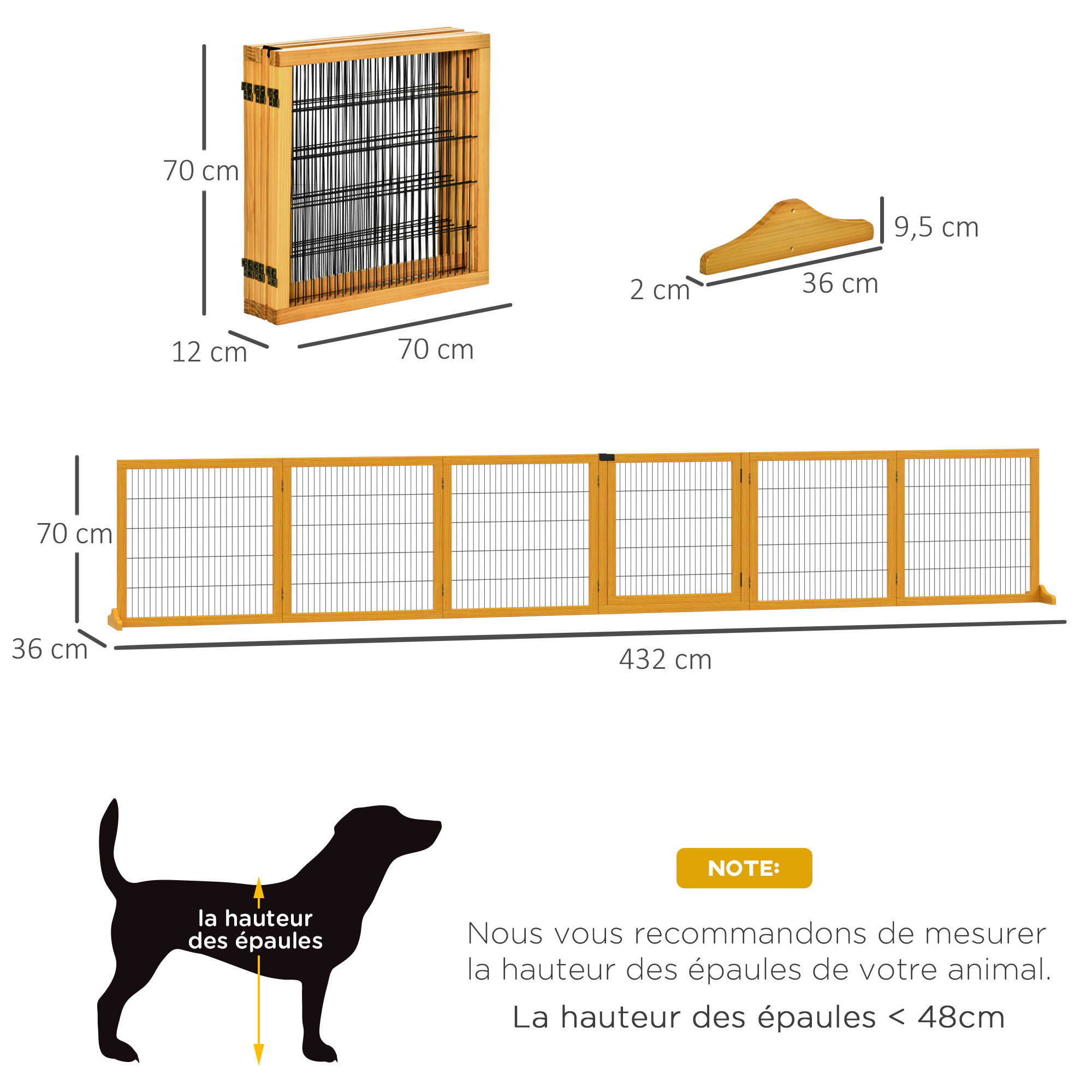 Barrière de sécurité parc enclos chien modulable pliable porte verrouillable intégrée 5 panneaux grillage acier noir bois de pin verni