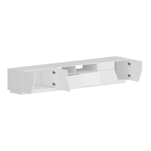 Mobile da soggiorno Porta TV, Made in Italy, Supporto per TV da salotto a 4 ante geometriche e 2 cassetti, Cm 260x43h46, Bianco lucido