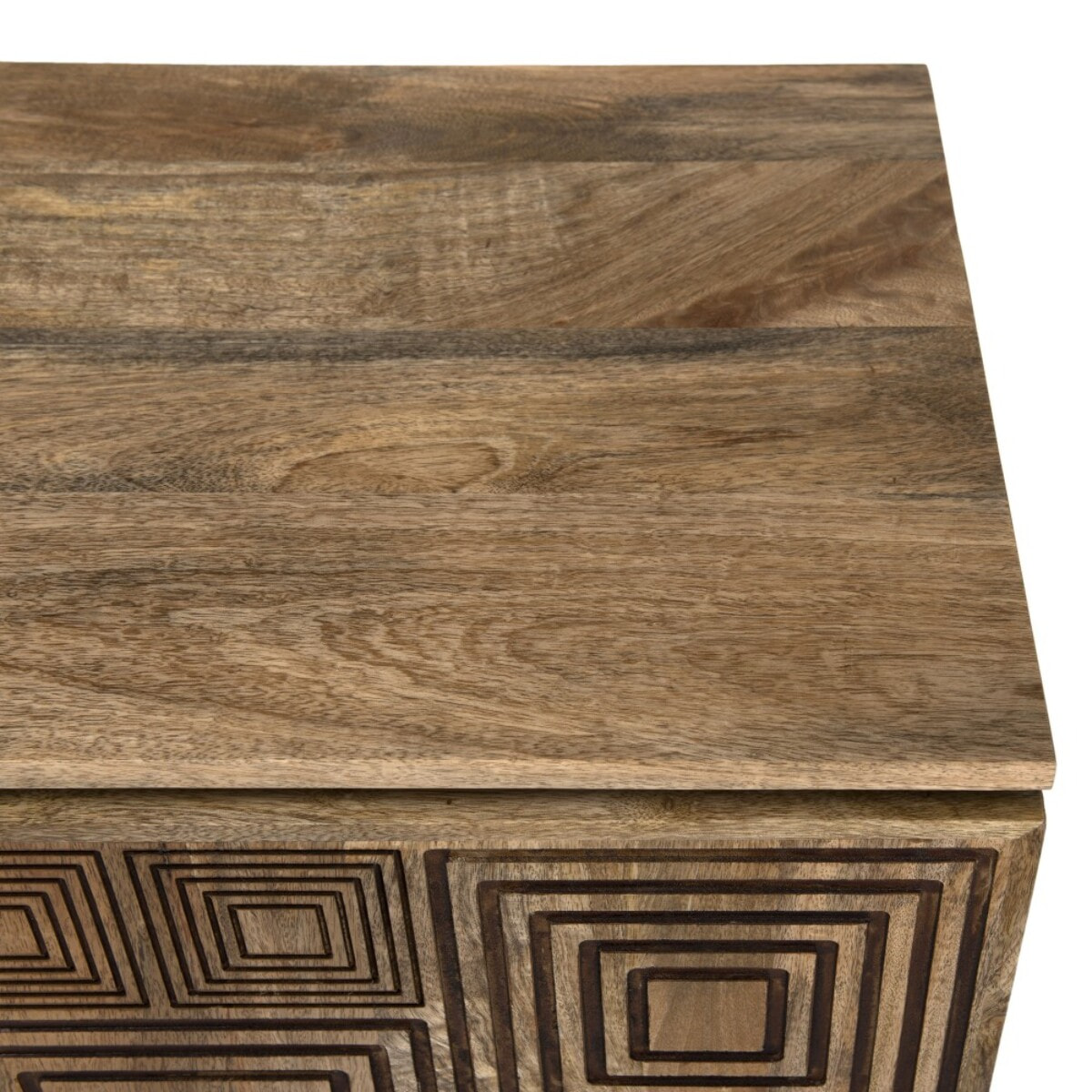 INDRA - Buffet bois Manguier 177x45cm 4 portes 2 étagères motifs noirs Goa
