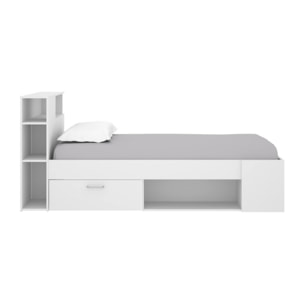 Letto per bambini Cristallo, Lettino per cameretta con testiera, Struttura per letto singolo con cassetto e scaffali, 218x99h96 cm, Bianco