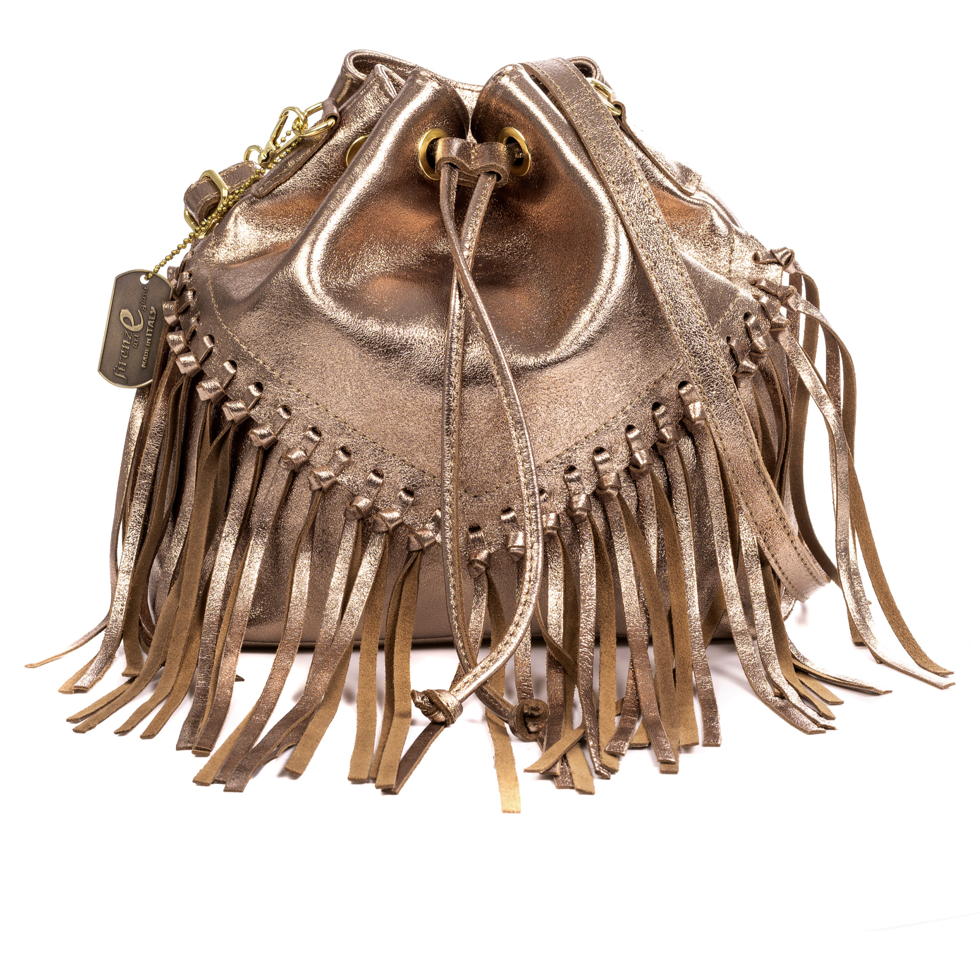 Arzana borsa a tracolla in vera pelle scamosciata laminata. Design esclusivo plissettato e con frange.