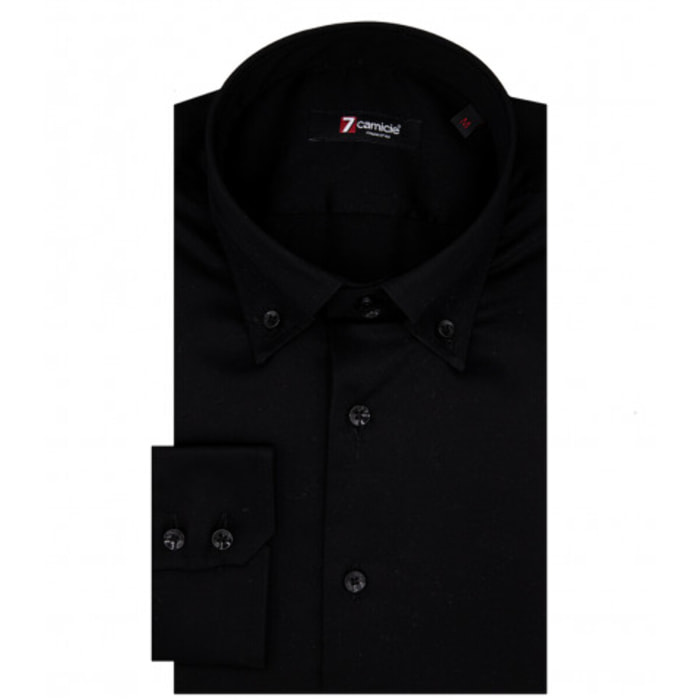 Camicia Uomo 2 Bottoni Button Down Slim Satin Unito Nero