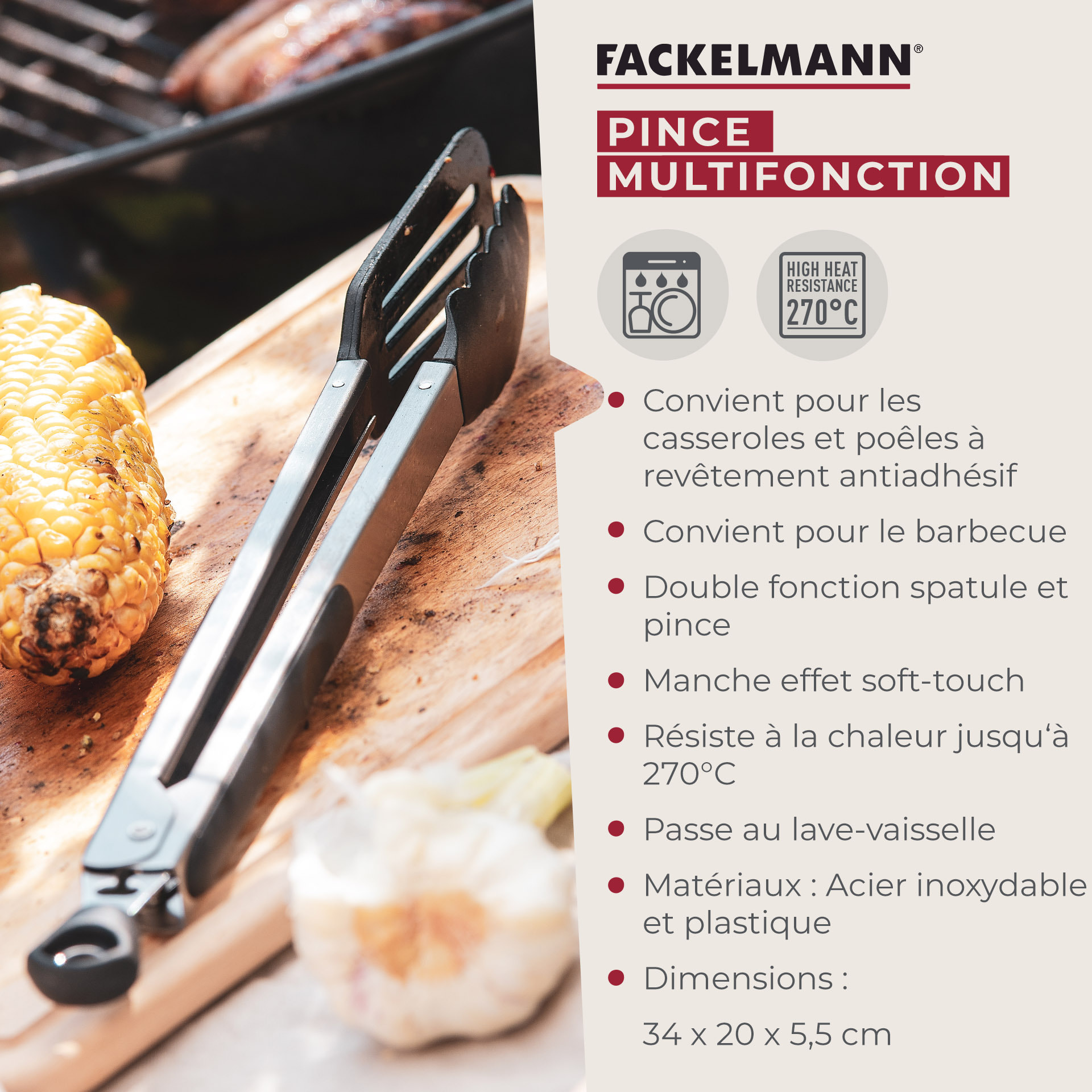Ensemble de 2 Pinces de cuisine double embout 35 cm Fackelmann Penderie