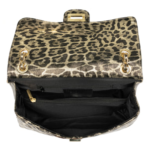 Caeli bolso de hombro Mujer. Piel auténtica Gamuza acolchada, animal print leopardo, lacado brillante.
