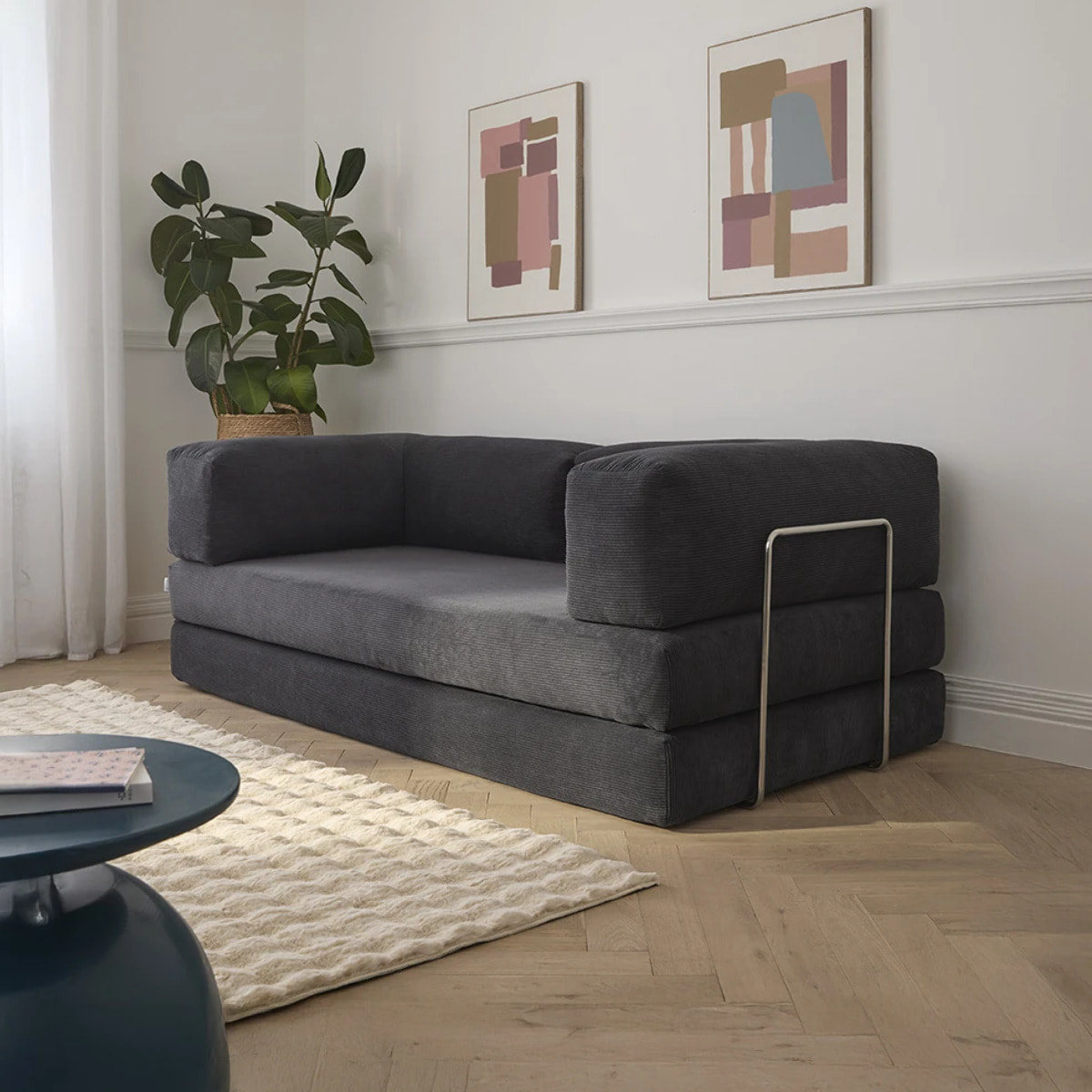 TRENDY - Canapé compressé 3 places modulable en velours côtelé anthracite