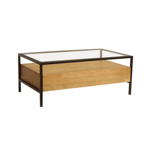 Table basse rectangulaire avec rangements en bois manguier massif, verre et métal noir L100 cm SITA