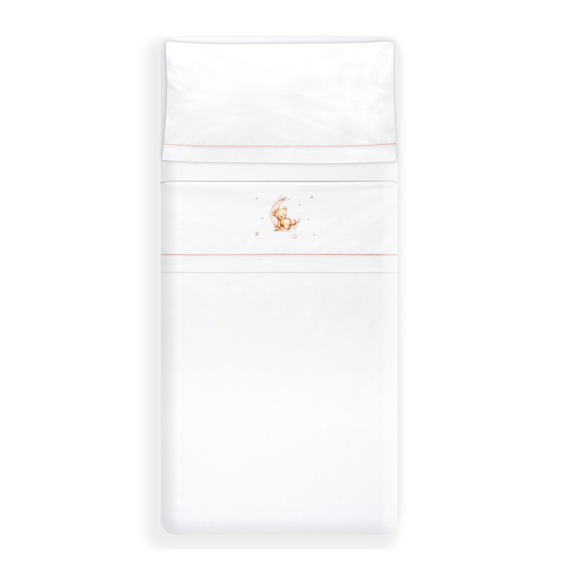 Triptico Cuna Estampado Oso Luna Estrellas + Broche Bco/Rosa