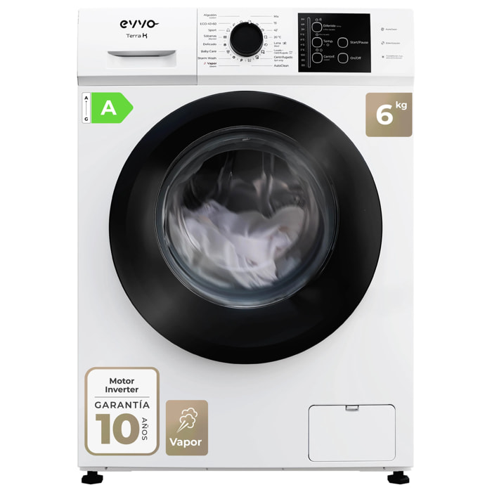 EVVO Lavadora 6 kg Terra K6, 1000 rpm, Clase A, 15 programas, vapor Steam Wash, lavado rápido 15', inicio diferido, blanca