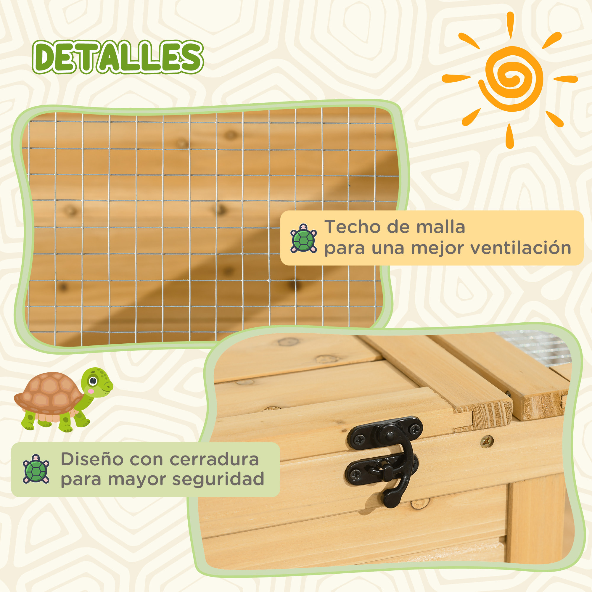 Casa para Tortugas de Madera, Terrario para Reptiles con Techo de Malla, Paneles Laterales Transparentes Extraíbles y Pestillo de Seguridad, Caseta para Tortugas, 91x60,5x32 cm, Natural
