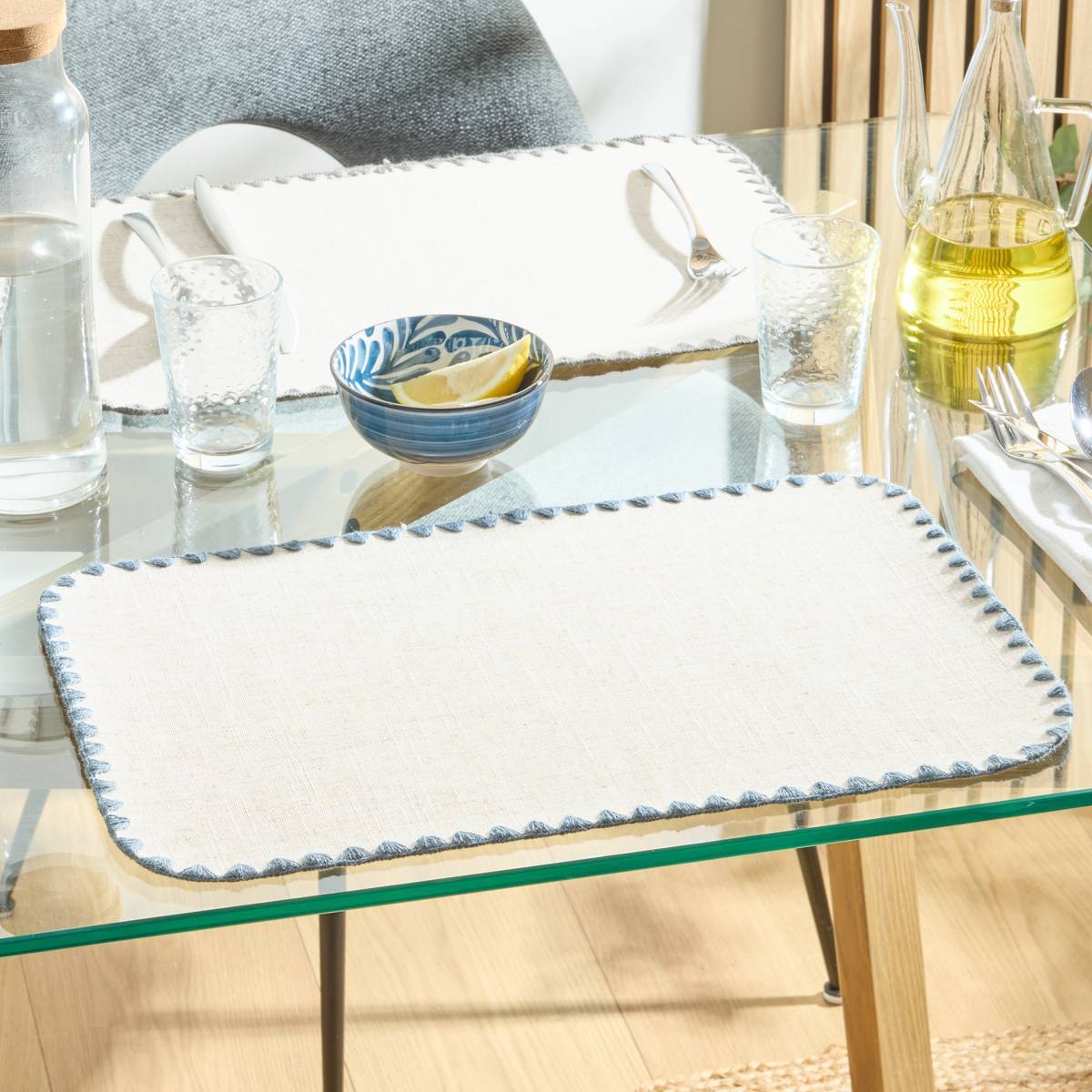 Set de table effet lin Sandrine 45x30cm bleu